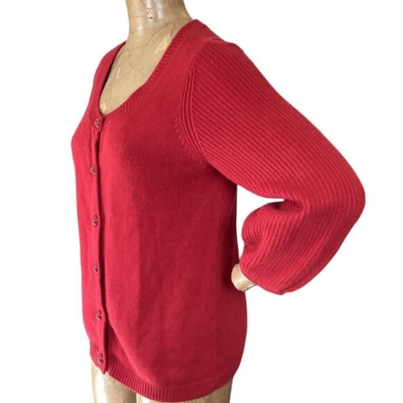 Talbots Button-Up Cardigan Sweater Ribbed Knit Balloon Sleeves M Red #314E - Picture 4 of 7